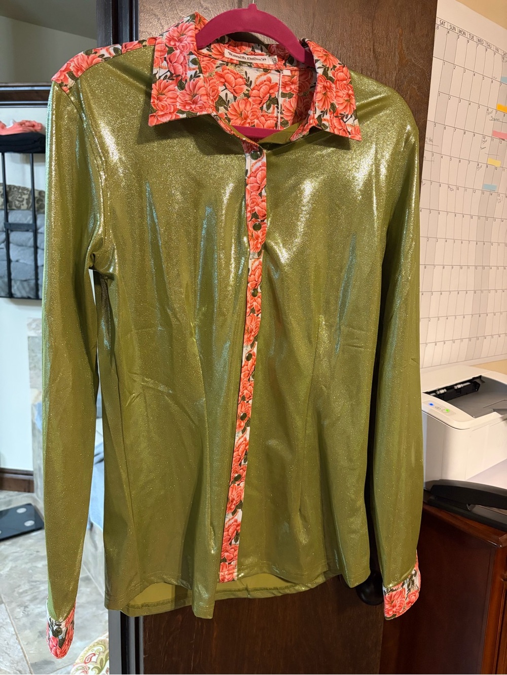 NWT  Ranch Dress’ n Shimmer  Green snaps-Up Blouse with Floral Trim